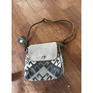 Myra Bag Stormy Love Aztec Hair-on-Hide Leather Crossbody Bag NWT Black White